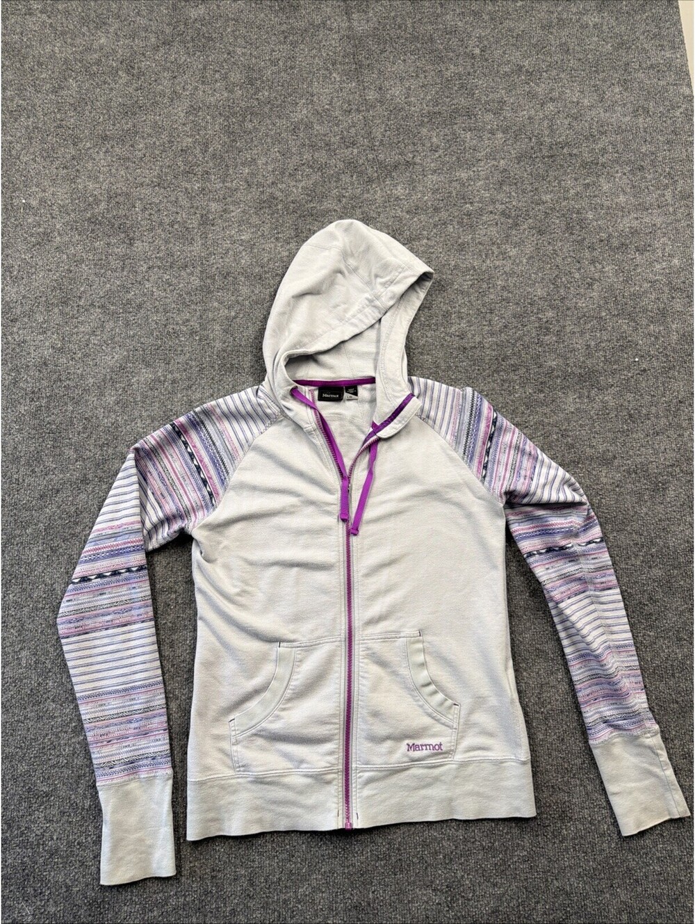 Women’s Marmot Lightweight Zippered Hooded Jacket Size Large Gray And Purple